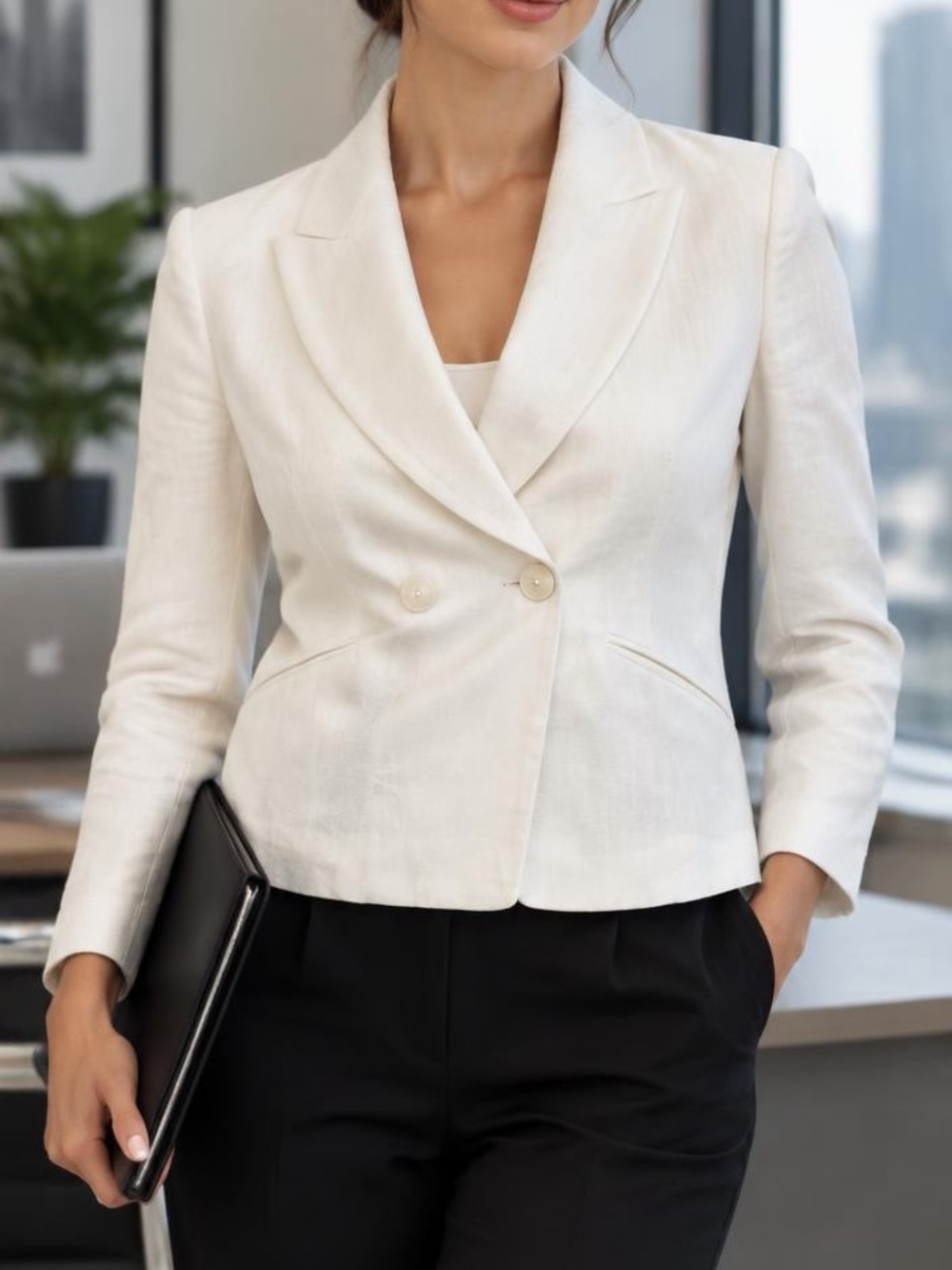 Zara Cream Double-Breasted Linen-Blend Blazer Sz 10